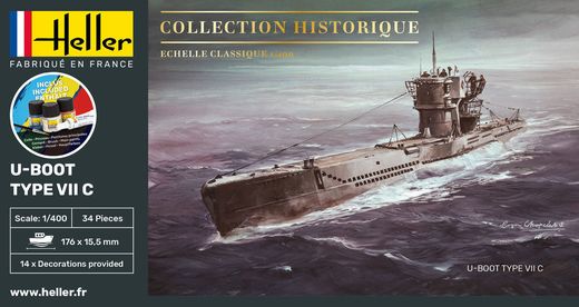 Maquette sous-marin : Starter Kit U-Boot Type VII C - 1:400 - Heller 57002