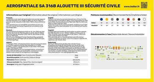 Maquette Hélicoptère Français : Alouette III Sécurité Civile - Heller 80289