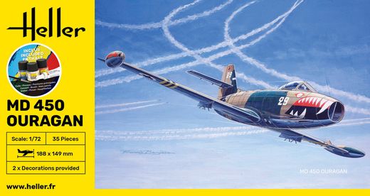 Coffret de modélisme d'un avion militaire : Starter kit MD 450 Ouragan 1/72 - Heller 56201