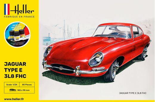 Maquette voiture de collection : Starter Kit Jaguar Type E 3L8 FHC 1/24 - Heller 56709