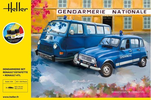 Maquettes Starter Kit Gendarmerie Renault Estafette + Renault 4TL 1/24 - Heller 52325