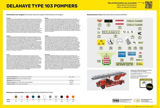 Coffret cadeau maquette camion : Starter Kit Delahaye Type 103 Pompiers 1/24 - Heller 80780