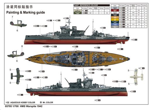 Maquette de navire de guerre :  HMS Warspite - Cuirassé Royal Navy 1942 - 1:700 - Trumpeter 05795