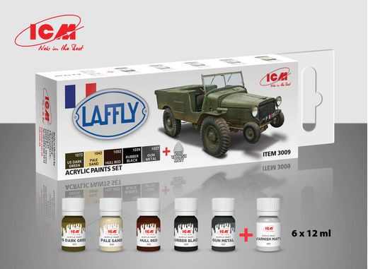 Peinture acrylique pour Laffly V15T et véhicules français : set de 6 pots x 12 ml - ICM 3009
