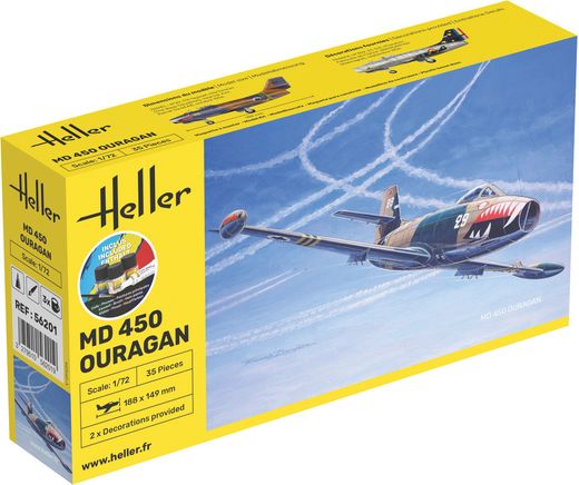Coffret de modélisme d'un avion militaire : Starter kit MD 450 Ouragan 1/72 - Heller 56201