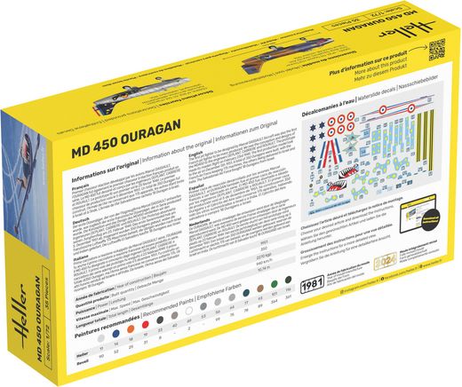 Coffret de modélisme d'un avion militaire : Starter kit MD 450 Ouragan 1/72 - Heller 56201