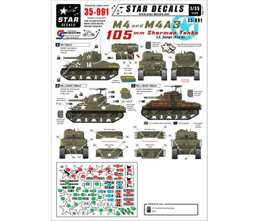 Autocollants pour maquettes : Decalcs pour char Sherman M4 et M4A3 - Star Decals 35991
