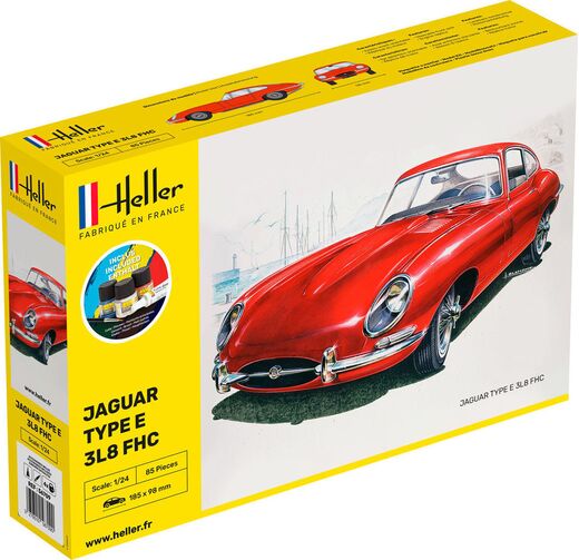 Maquette voiture de collection : Starter Kit Jaguar Type E 3L8 FHC 1/24 - Heller 56709