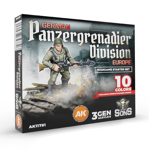 Division de panzergenadiers allemands, Europe – Coffret de démarrage pour jeu de wargame – 10 couleurs et figurine exclusive (mitrailleur allemand) - Ak Interactive AK11781