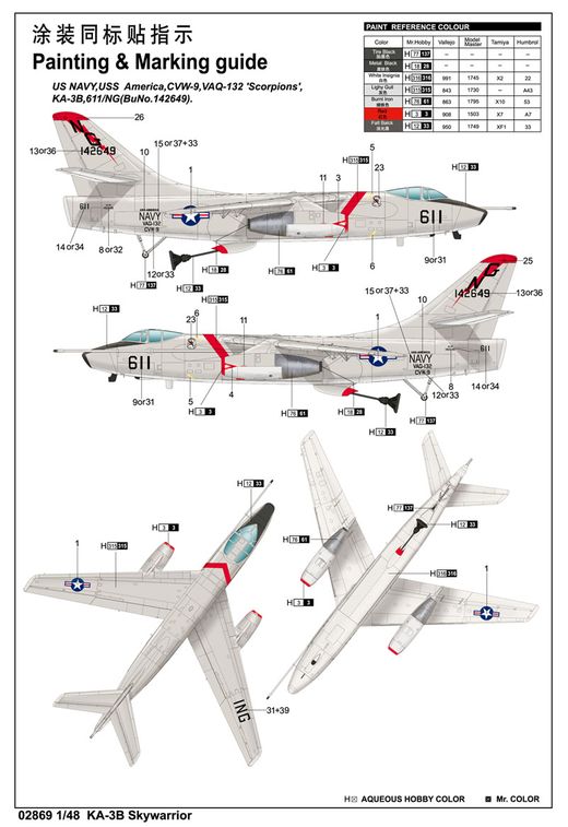 Maquette avion militaire : Douglas KA-3B "Skywarrior" Appareil ravitailleur en vol US Navy 1966 - 1:48 - Trumpeter 02869