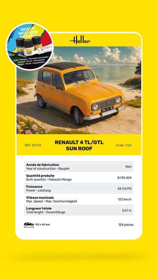 Maquette voiture : Starter Kit Renault 4 TL/GTL Sun Roof au 1/24 - Heller 58704