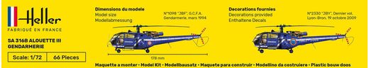 Maquette hélicoptère : SA 316 Alouette III Gendarmerie - 1:72 - Heller 80286