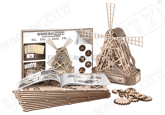 Puzzle 3d de moulin, en bois.